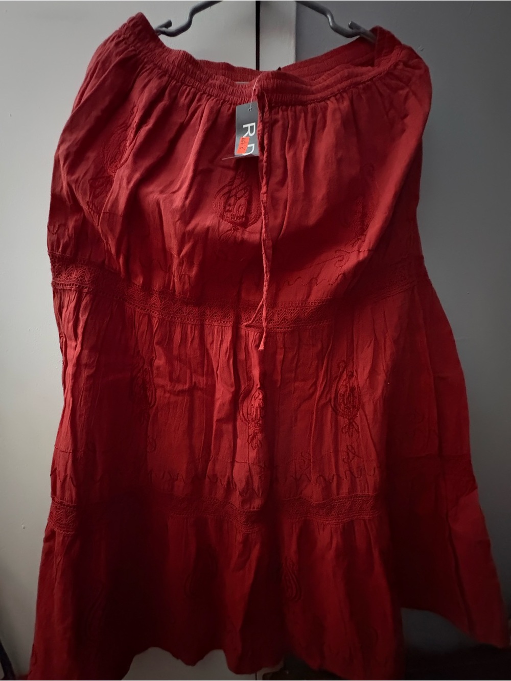 Boho Embroidered Red Maxi Skirt with Drawstring Waist